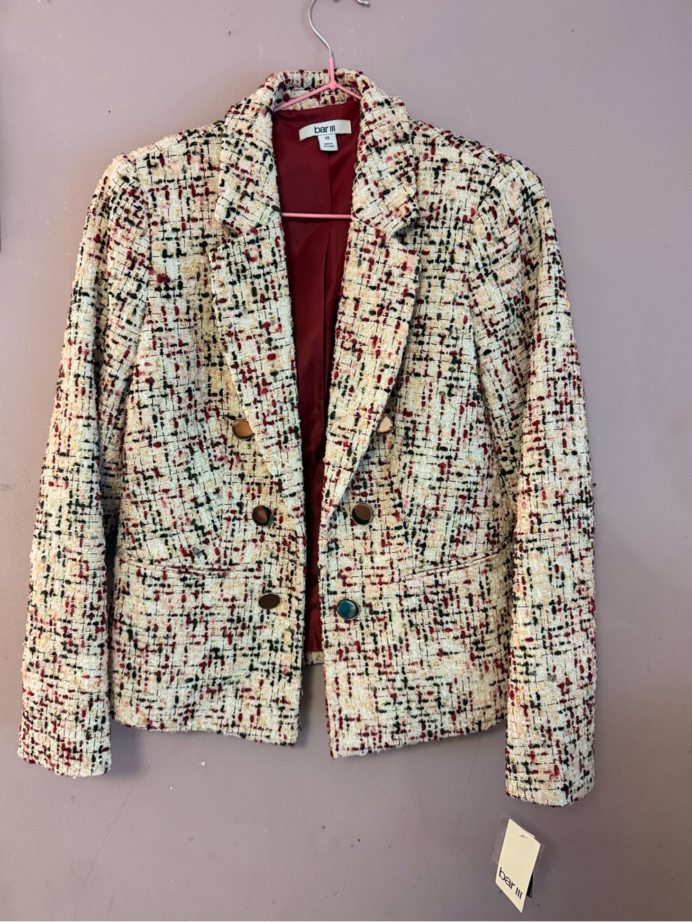 Bar III Cream Tweed Double-Breasted Blazer with Multi Speckle